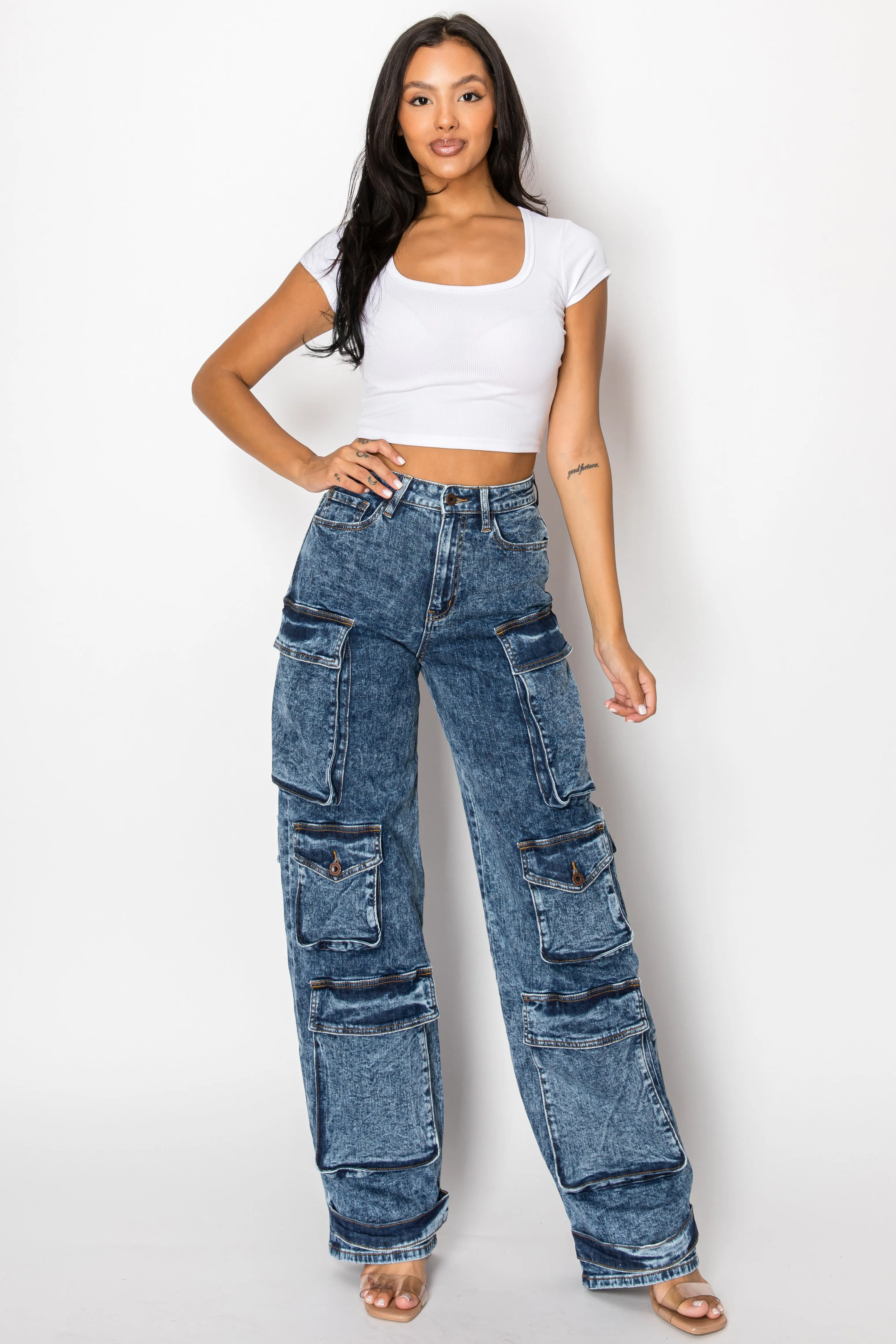 40585 Acid Washed Cargo Jeans W/ Multiple 3D Pockets