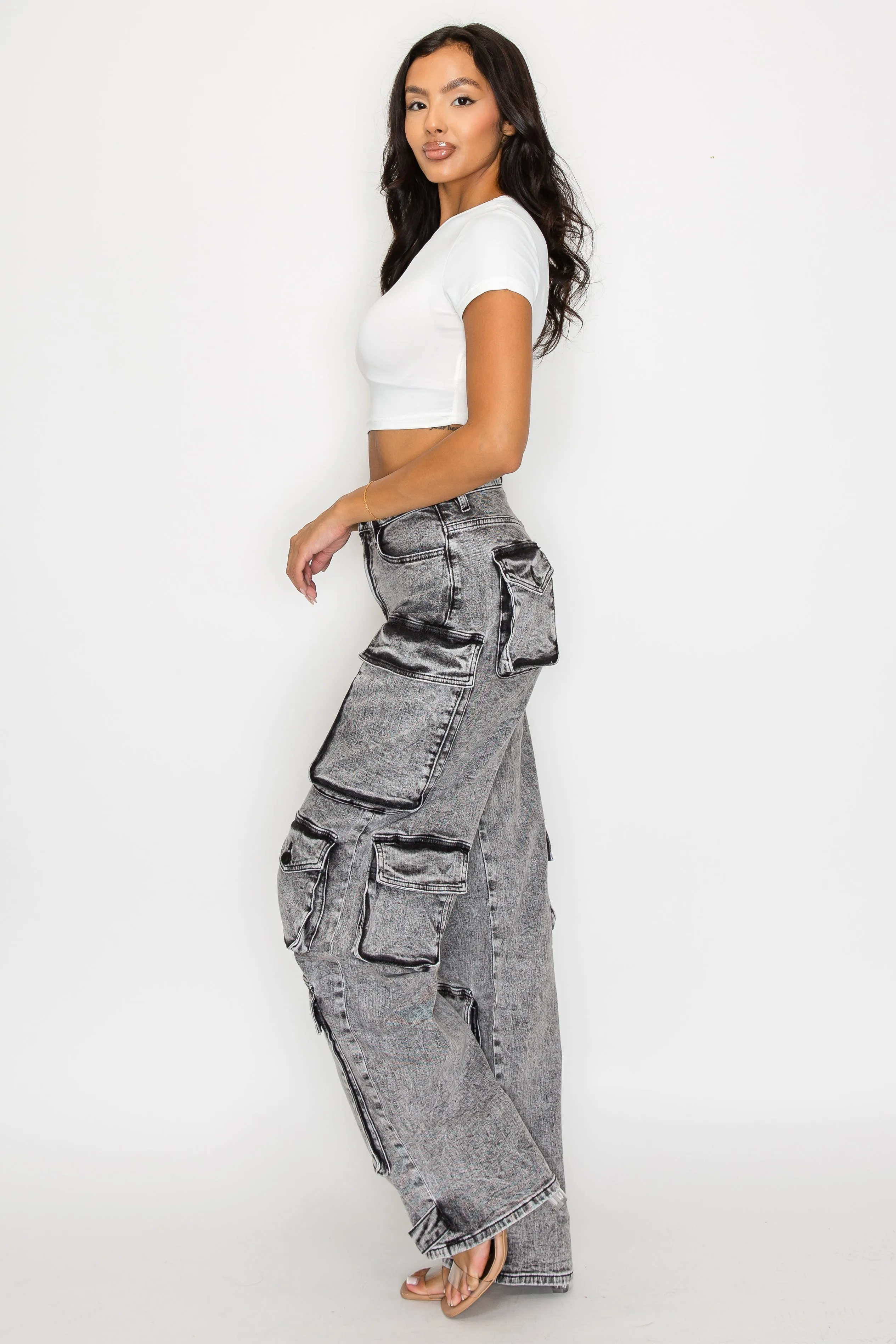 40585 Acid Washed Cargo Jeans W/ Multiple 3D Pockets