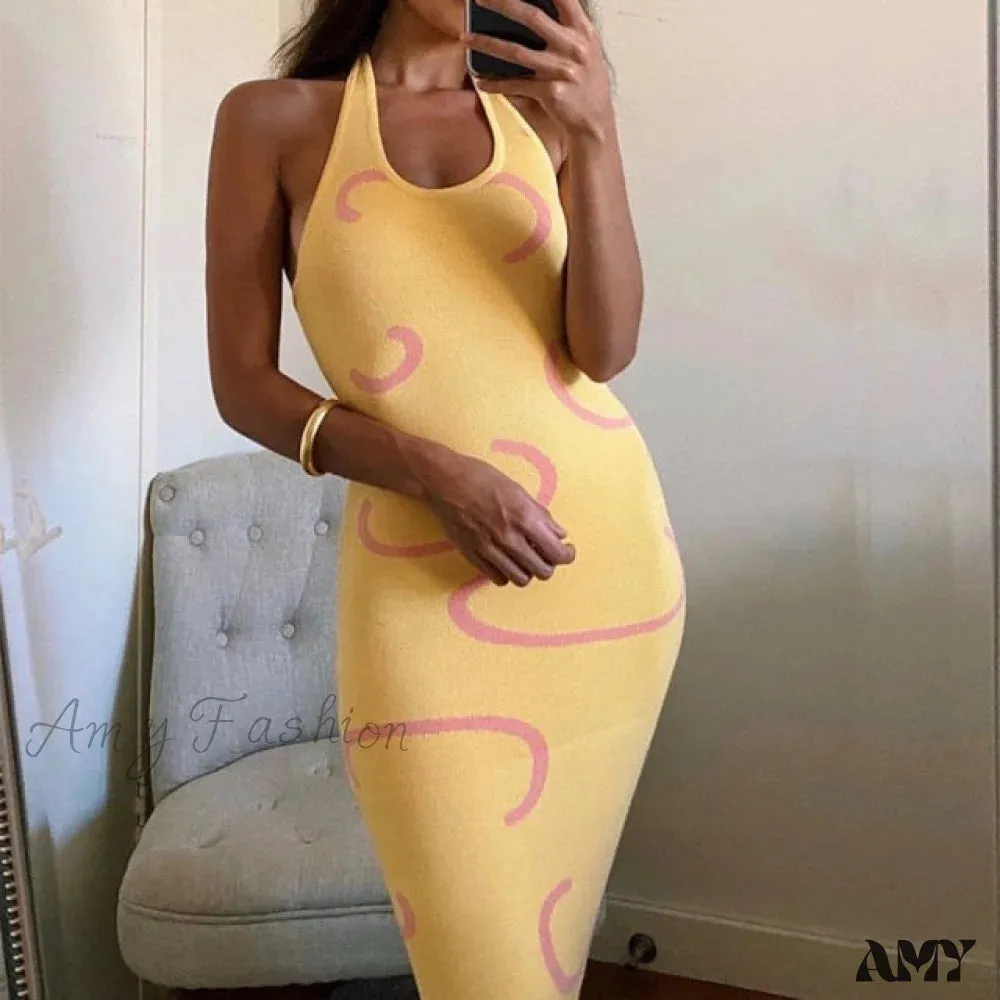 Amy Fashion - Hollow Out Spaghetti Strap Knit Sexy Bodycon Dress