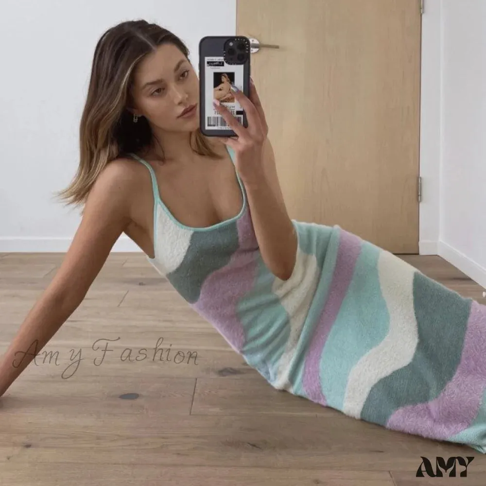 Amy Fashion - Hollow Out Spaghetti Strap Knit Sexy Bodycon Dress