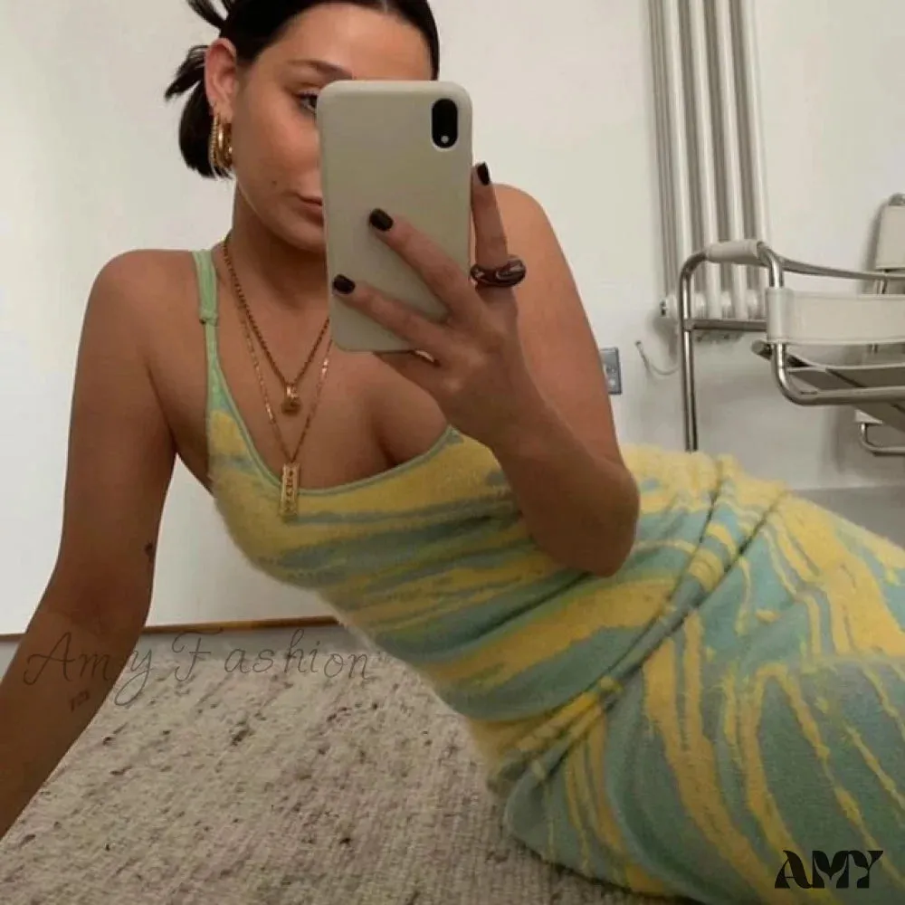 Amy Fashion - Hollow Out Spaghetti Strap Knit Sexy Bodycon Dress