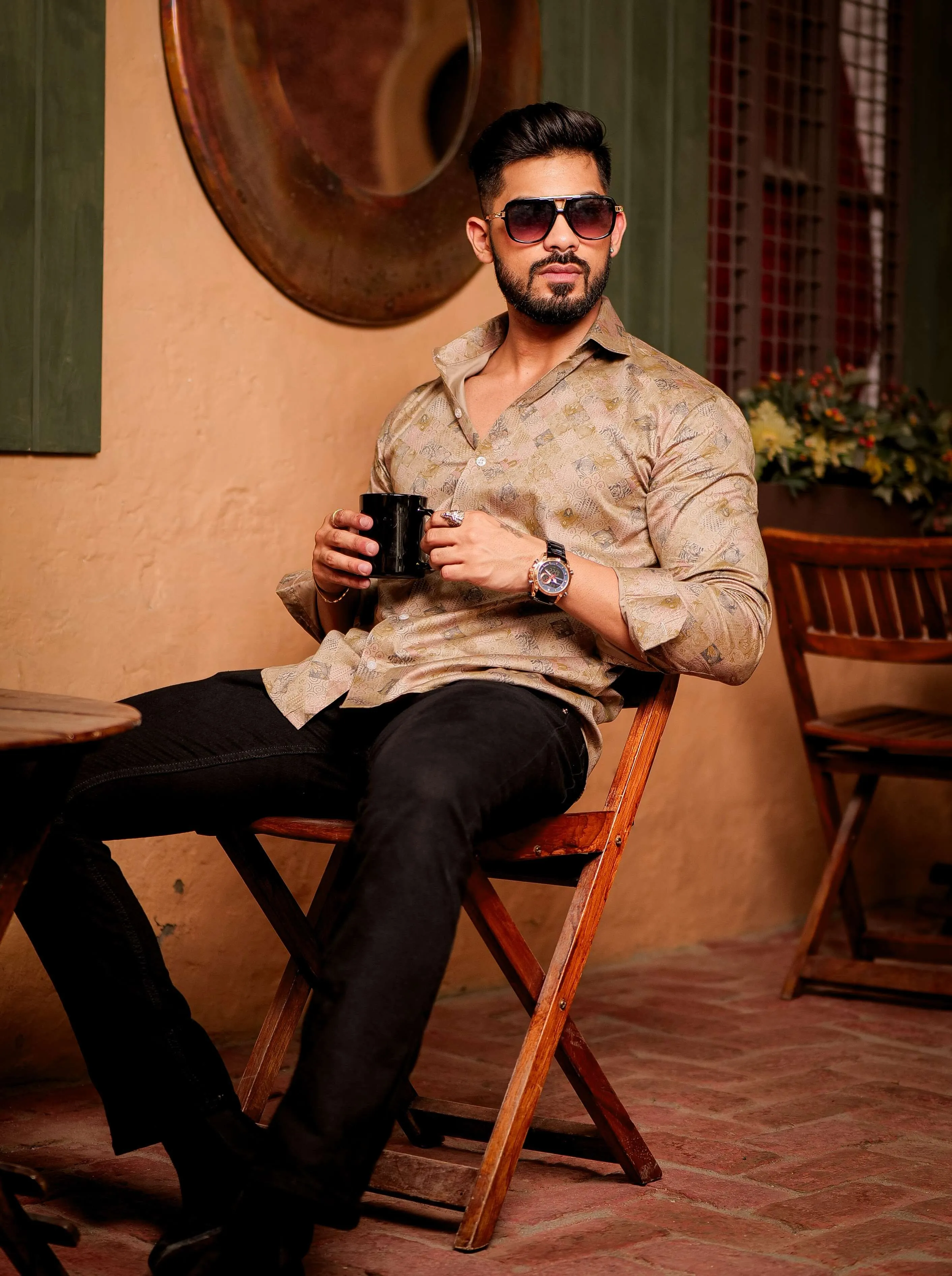 Beige Satin Print Premium Shirt