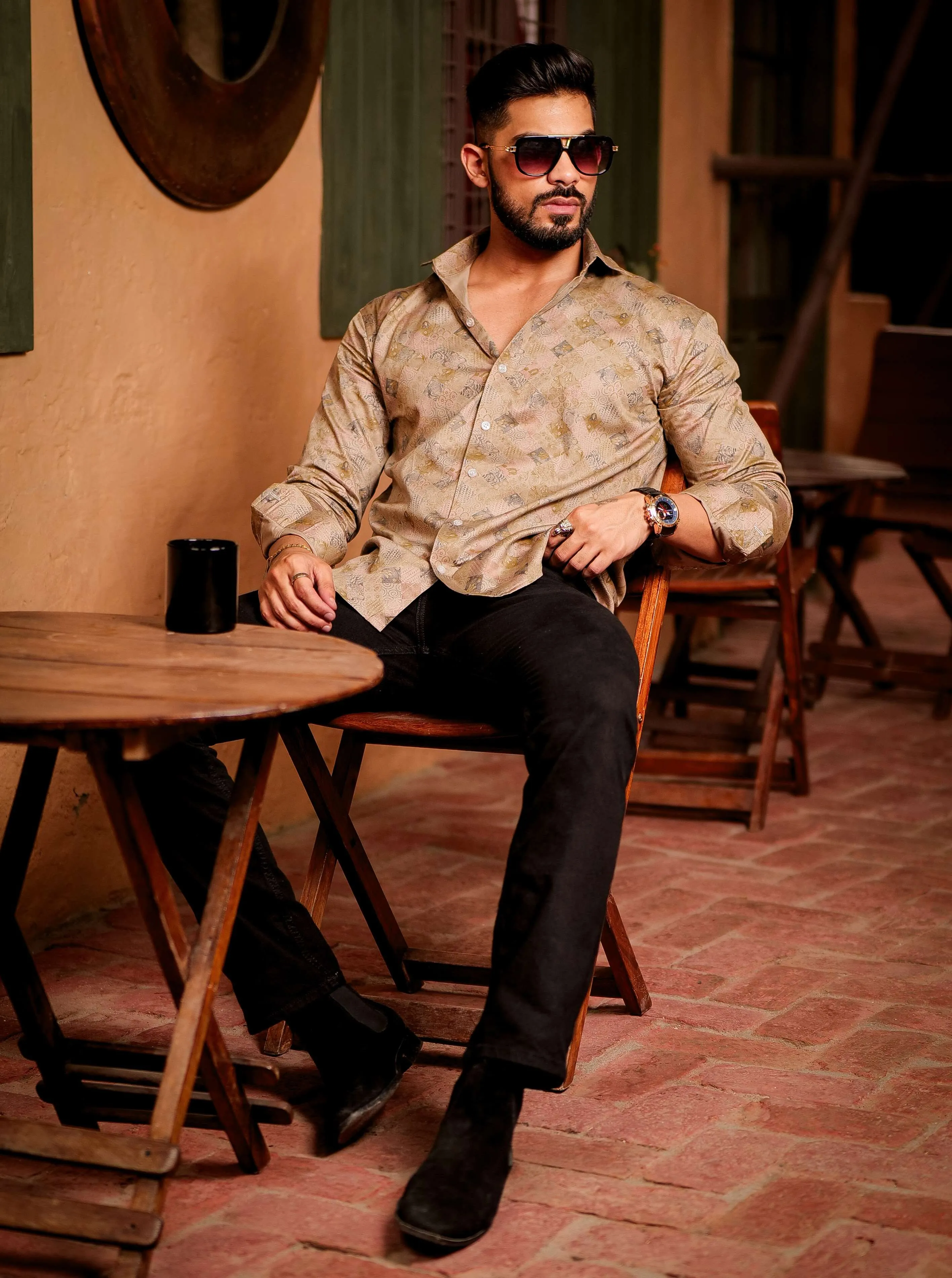 Beige Satin Print Premium Shirt