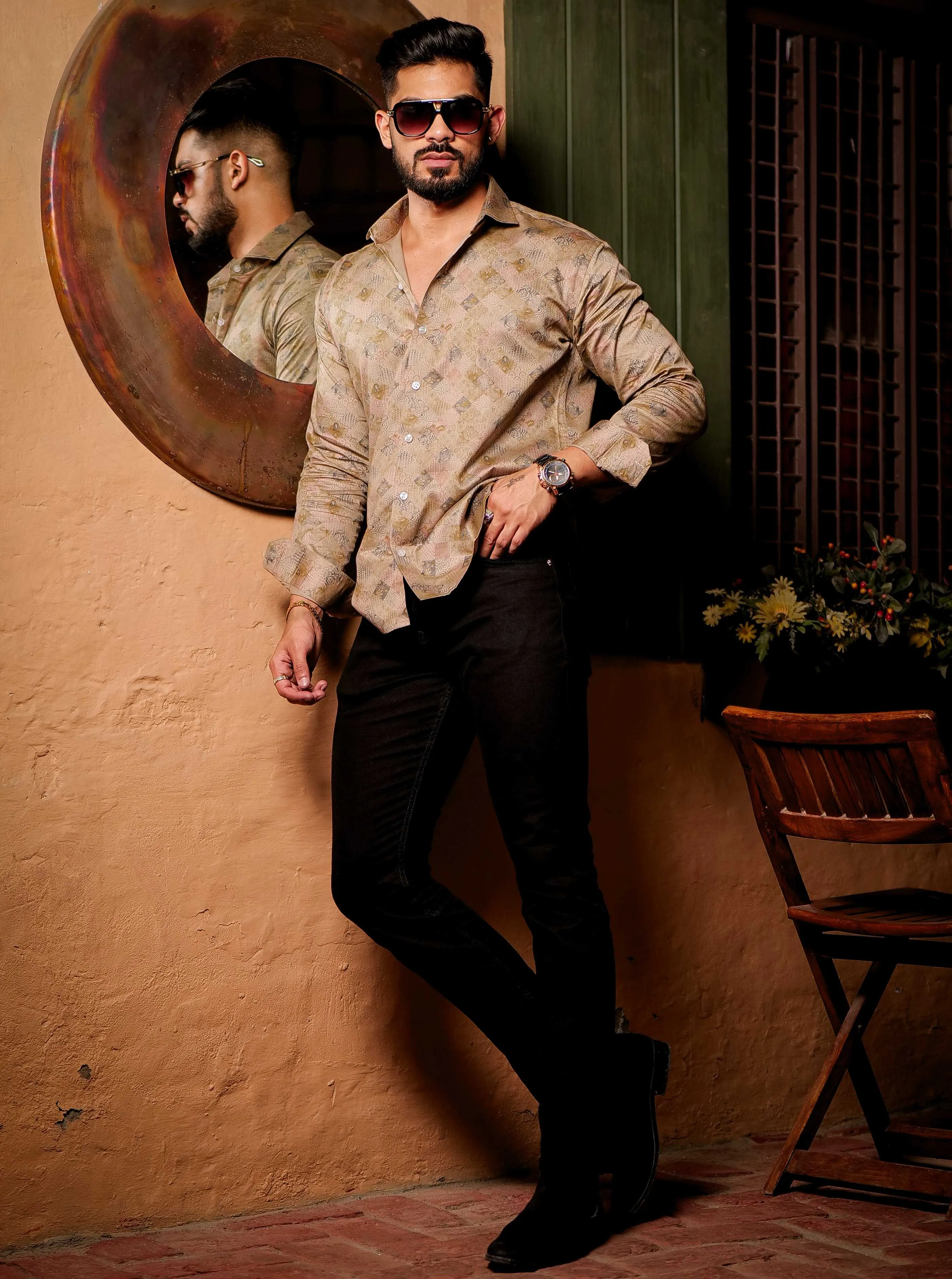 Beige Satin Print Premium Shirt