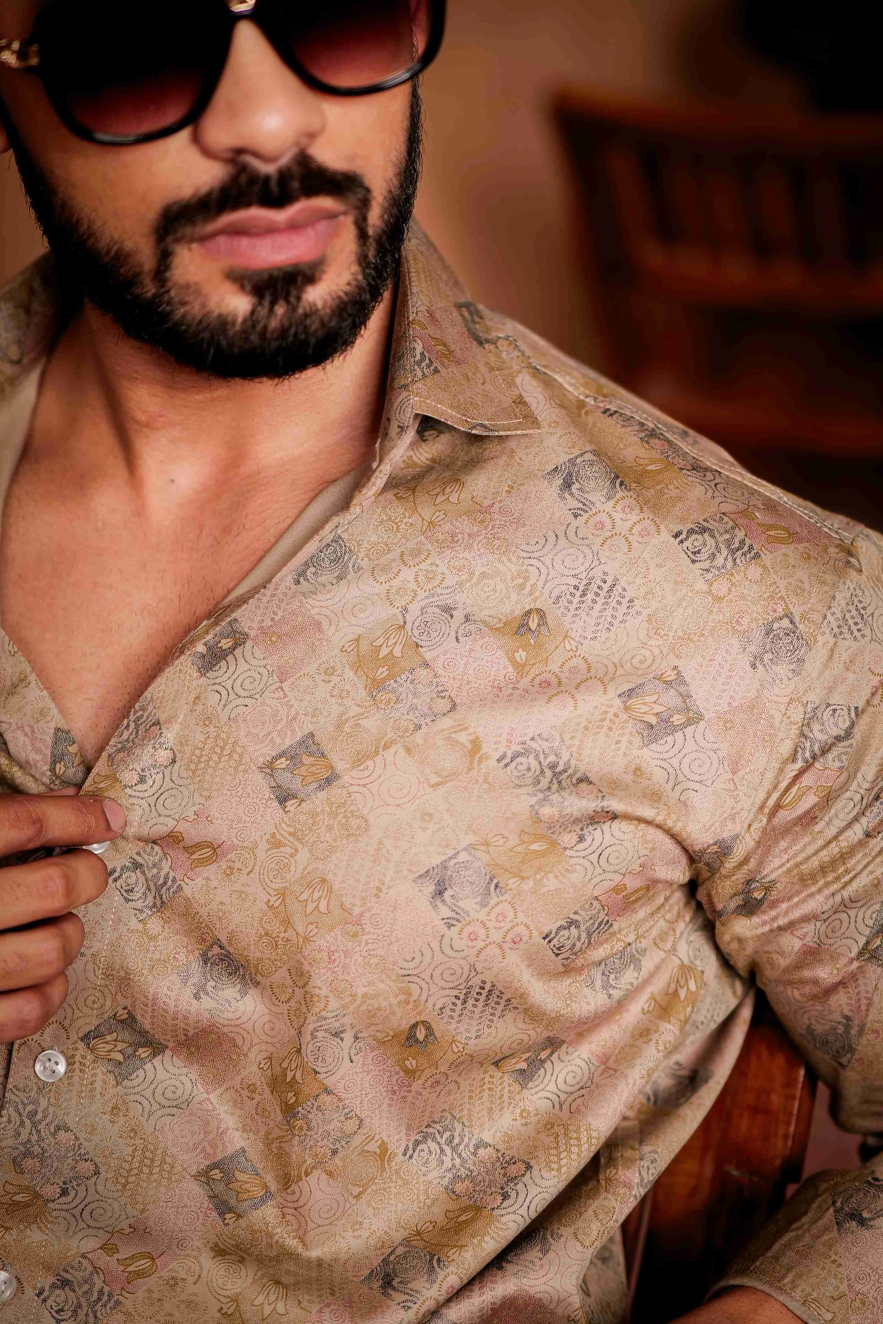 Beige Satin Print Premium Shirt
