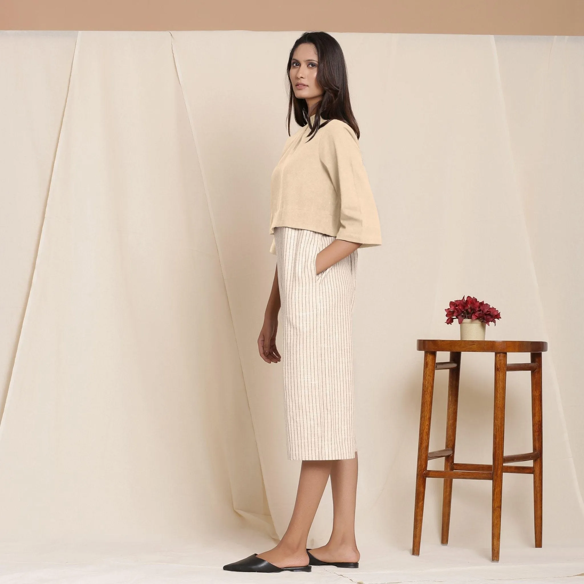 Beige Warm Cotton Flannel Knee Length Yoked Jumpsuit