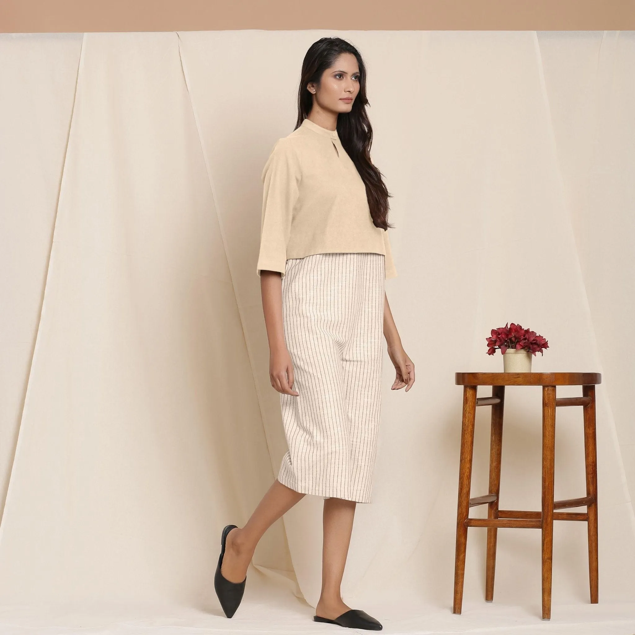 Beige Warm Cotton Flannel Knee Length Yoked Jumpsuit