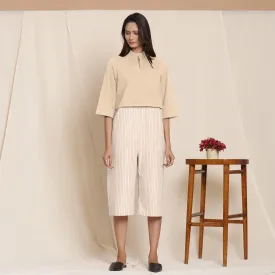 Beige Warm Cotton Flannel Knee Length Yoked Jumpsuit