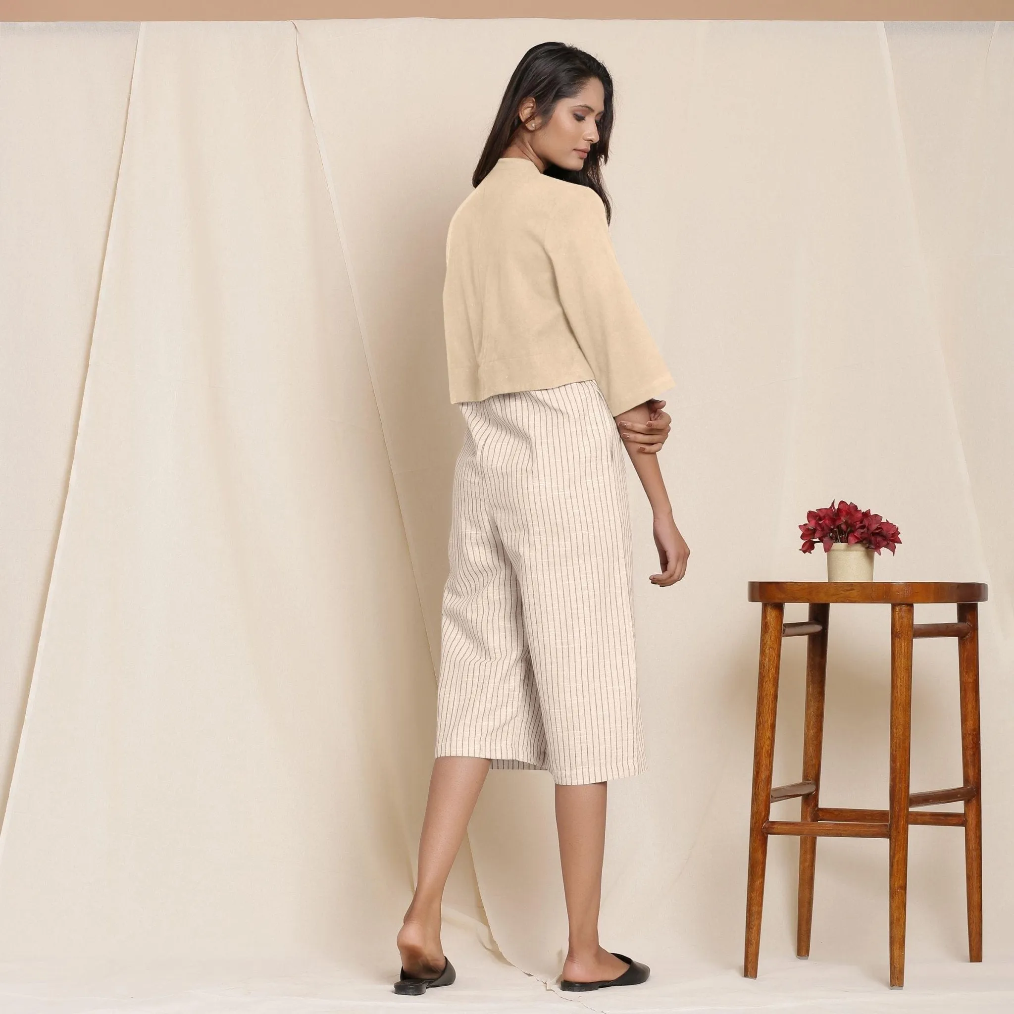 Beige Warm Cotton Flannel Knee Length Yoked Jumpsuit