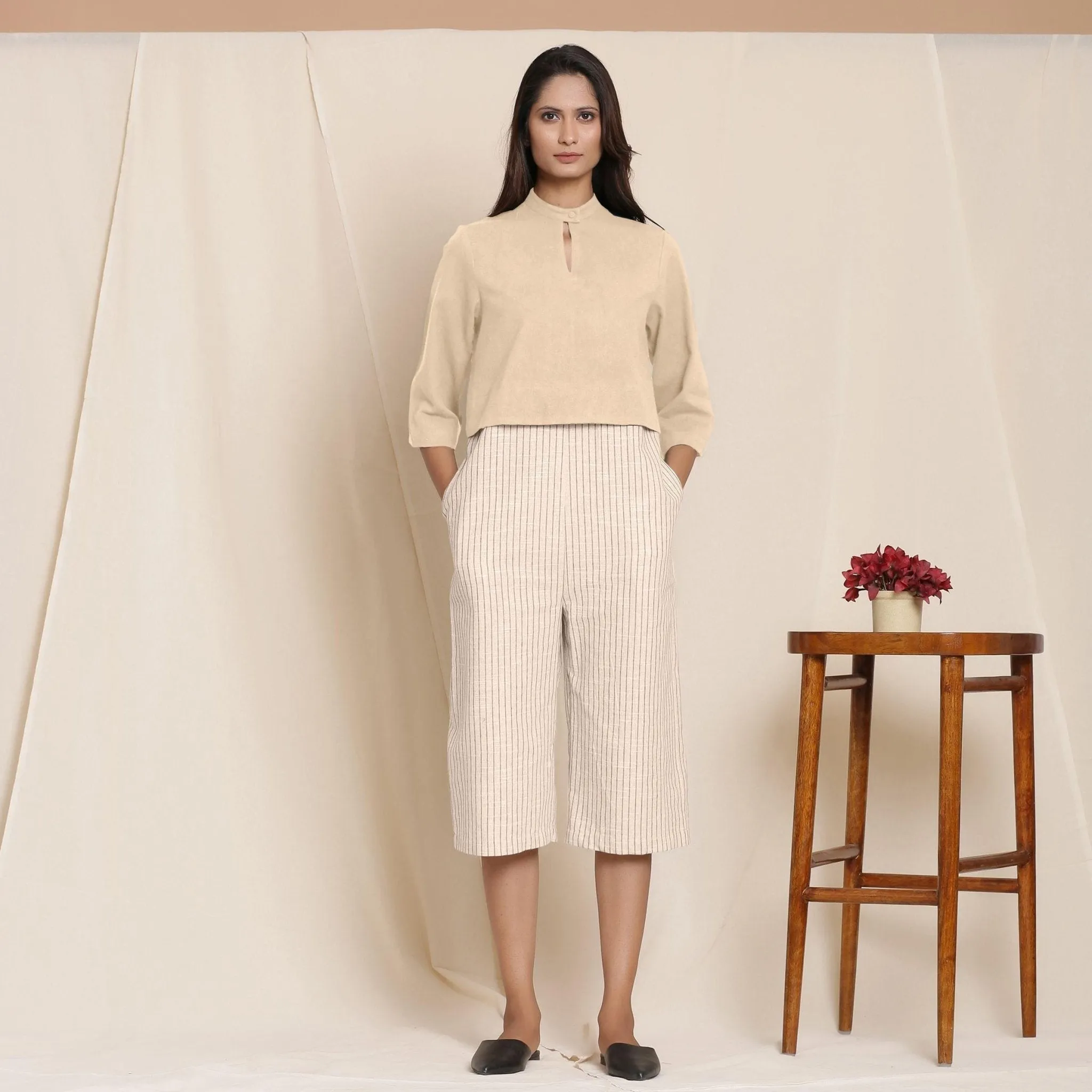 Beige Warm Cotton Flannel Knee Length Yoked Jumpsuit