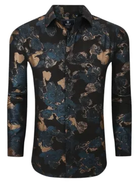 Black Mulicolor Men's Shirt Floral Printed Button-Down Casual Long Sleeve Regular-Fit Style No: SC460-7