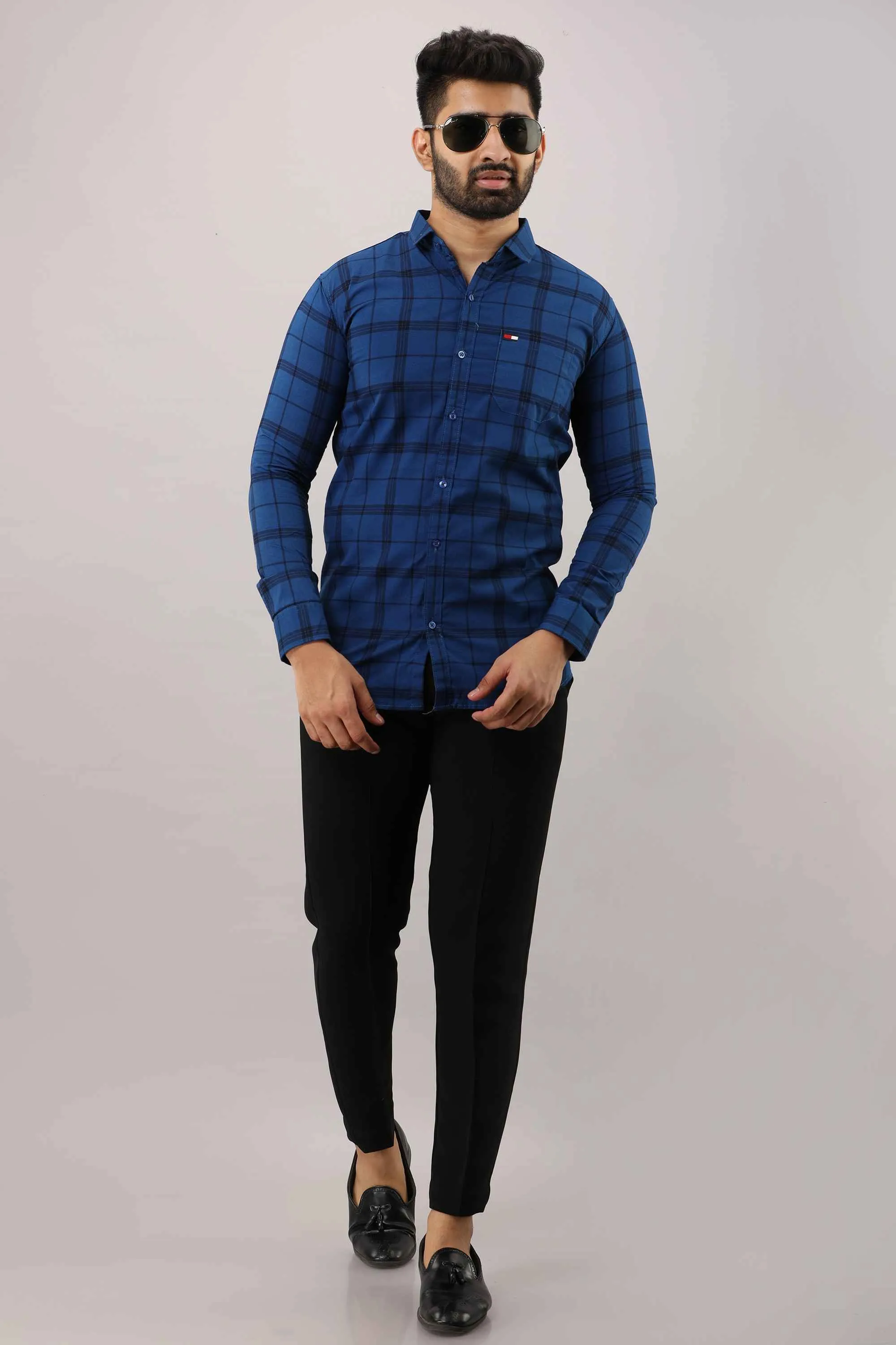 Blue Checkered Pure Cotton Formal Shirt