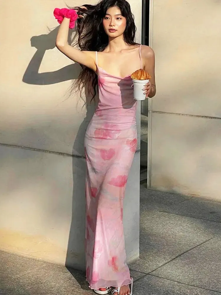 Bonnyshow Pink Sweet Dresses Summer New Mesh Dresses Streetwear Fashion Print Dress Sexy Sleeveless V-Neck Female Elegant Knitted Clothing