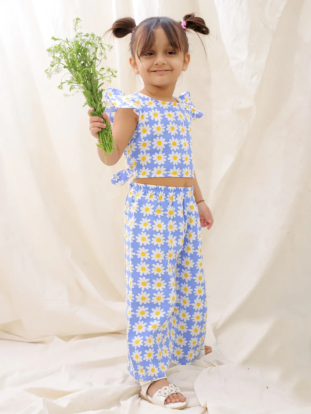 BownBee Summer Sleeveless Pure Cotton Printed Top & Culottes Set For Girls - Mustard