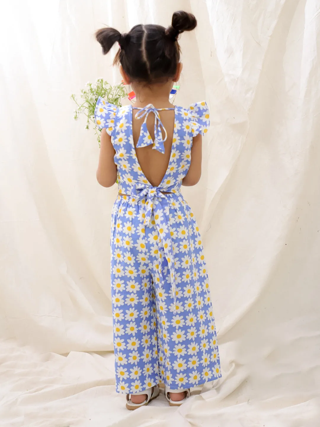 BownBee Summer Sleeveless Pure Cotton Printed Top & Culottes Set For Girls - Mustard