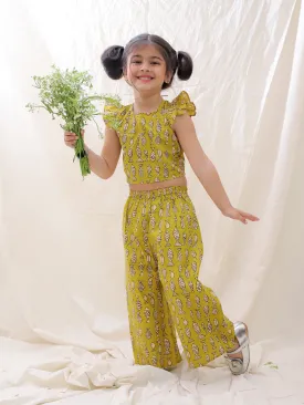 BownBee Summer Sleeveless Pure Cotton Printed Top & Culottes Set For Girls - Mustard