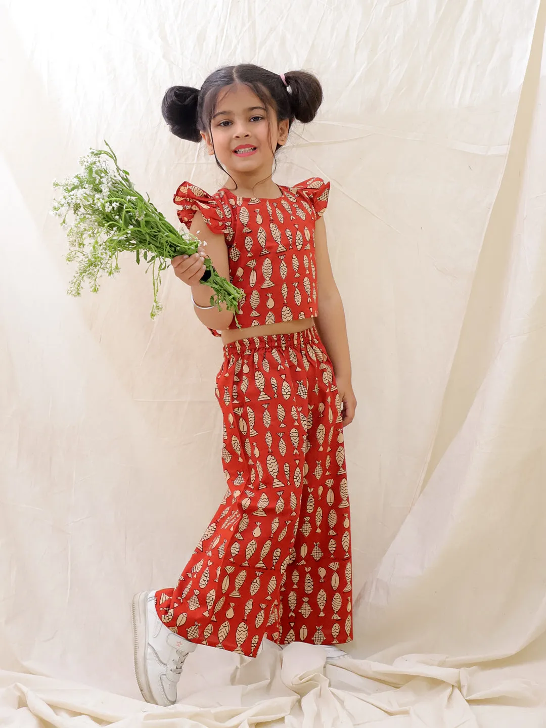 BownBee Summer Sleeveless Pure Cotton Printed Top & Culottes Set For Girls - Mustard
