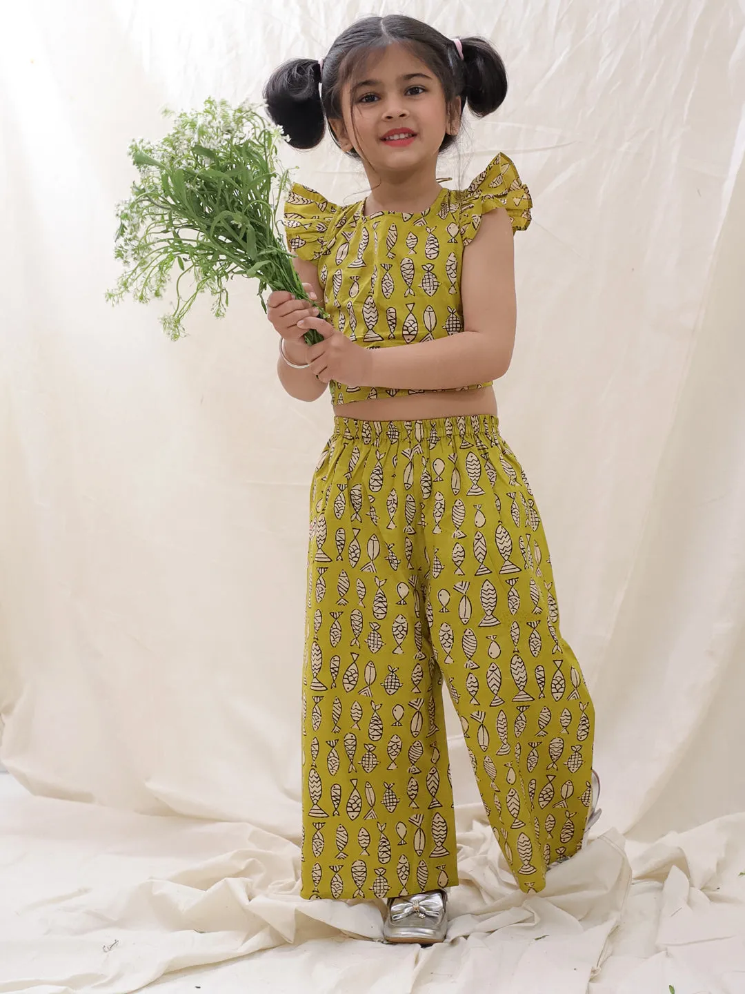 BownBee Summer Sleeveless Pure Cotton Printed Top & Culottes Set For Girls - Mustard