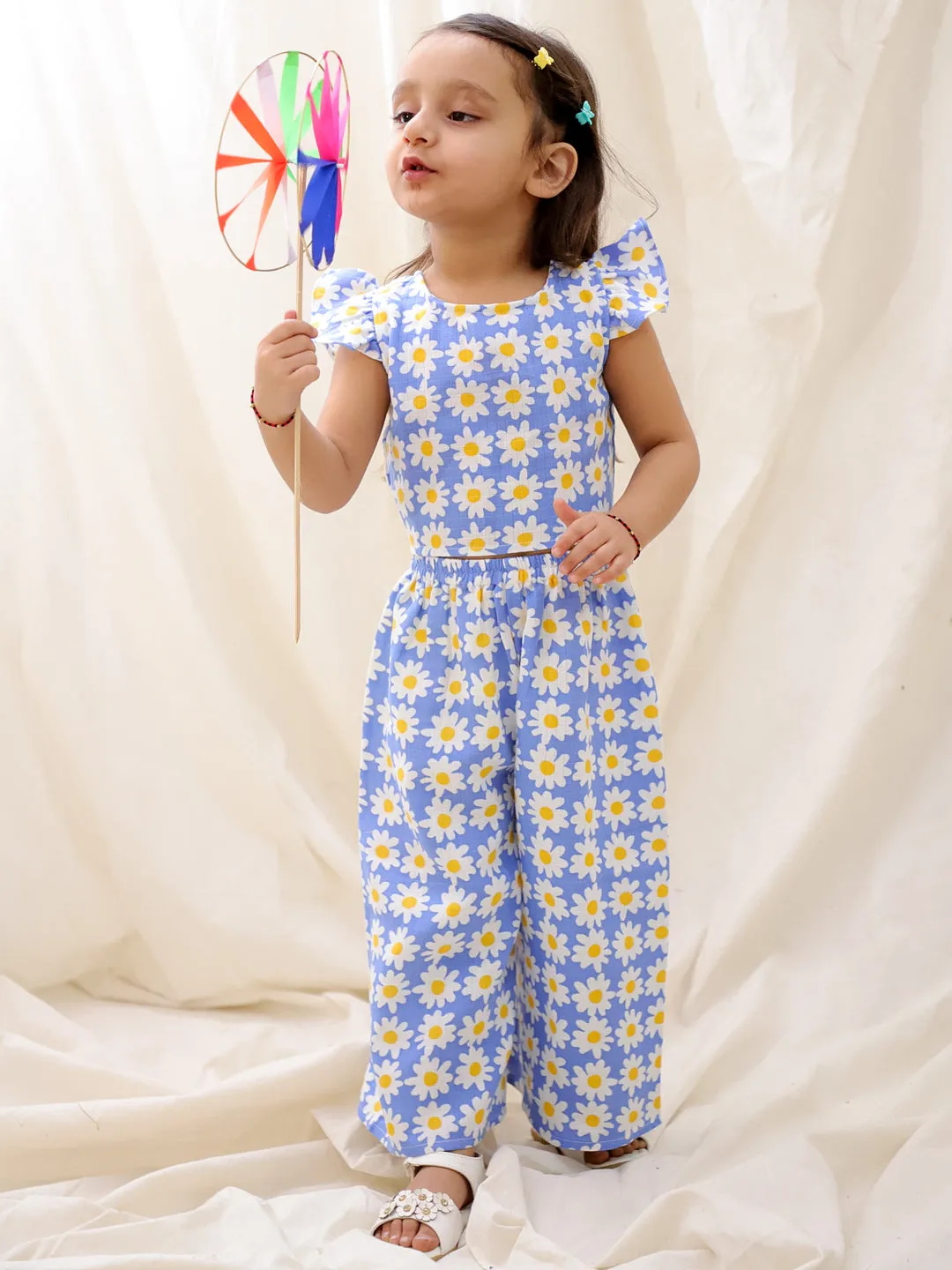 BownBee Summer Sleeveless Pure Cotton Printed Top & Culottes Set For Girls - Mustard