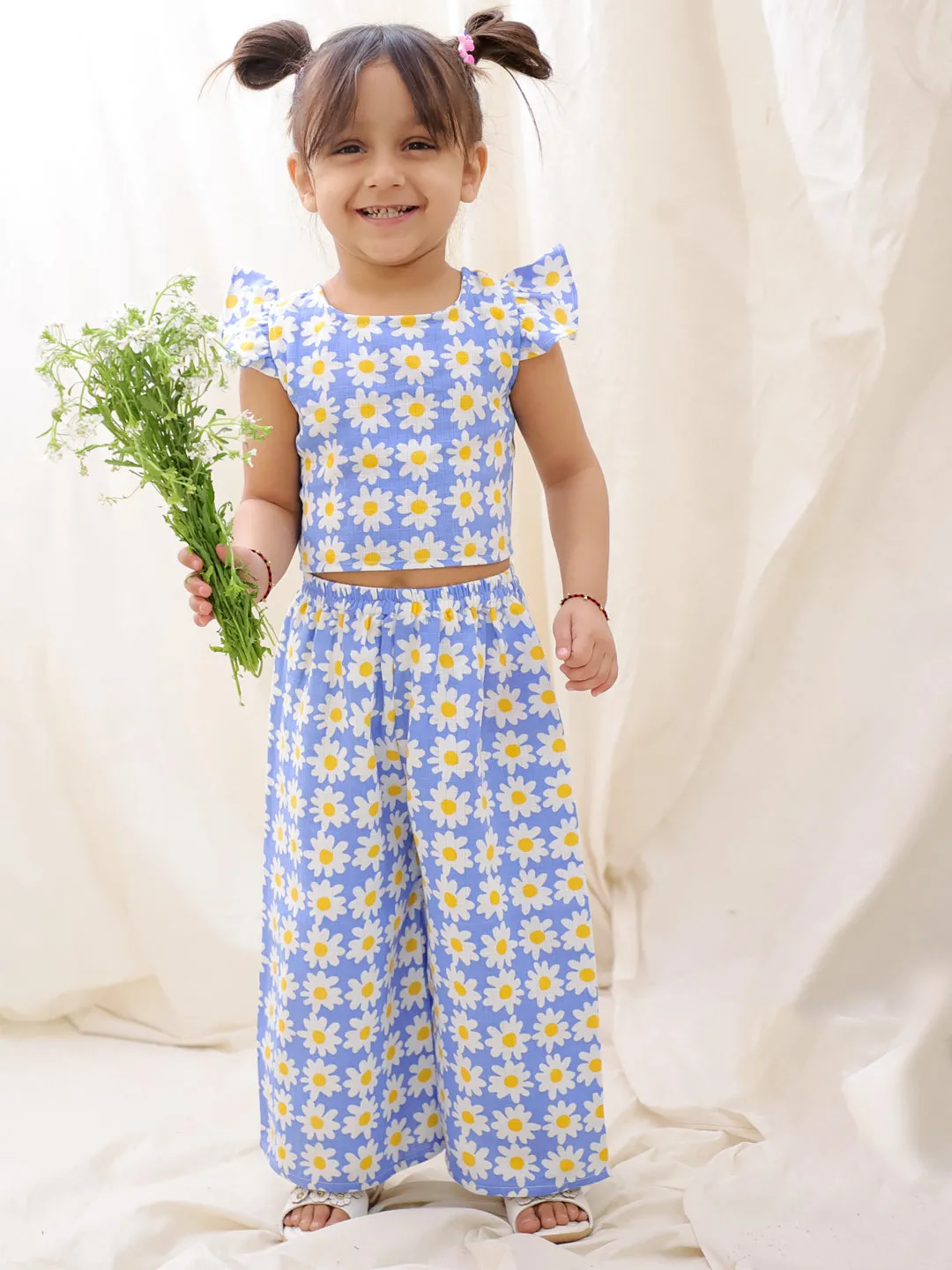 BownBee Summer Sleeveless Pure Cotton Printed Top & Culottes Set For Girls - Mustard