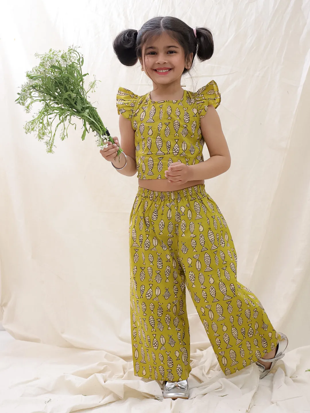 BownBee Summer Sleeveless Pure Cotton Printed Top & Culottes Set For Girls - Mustard