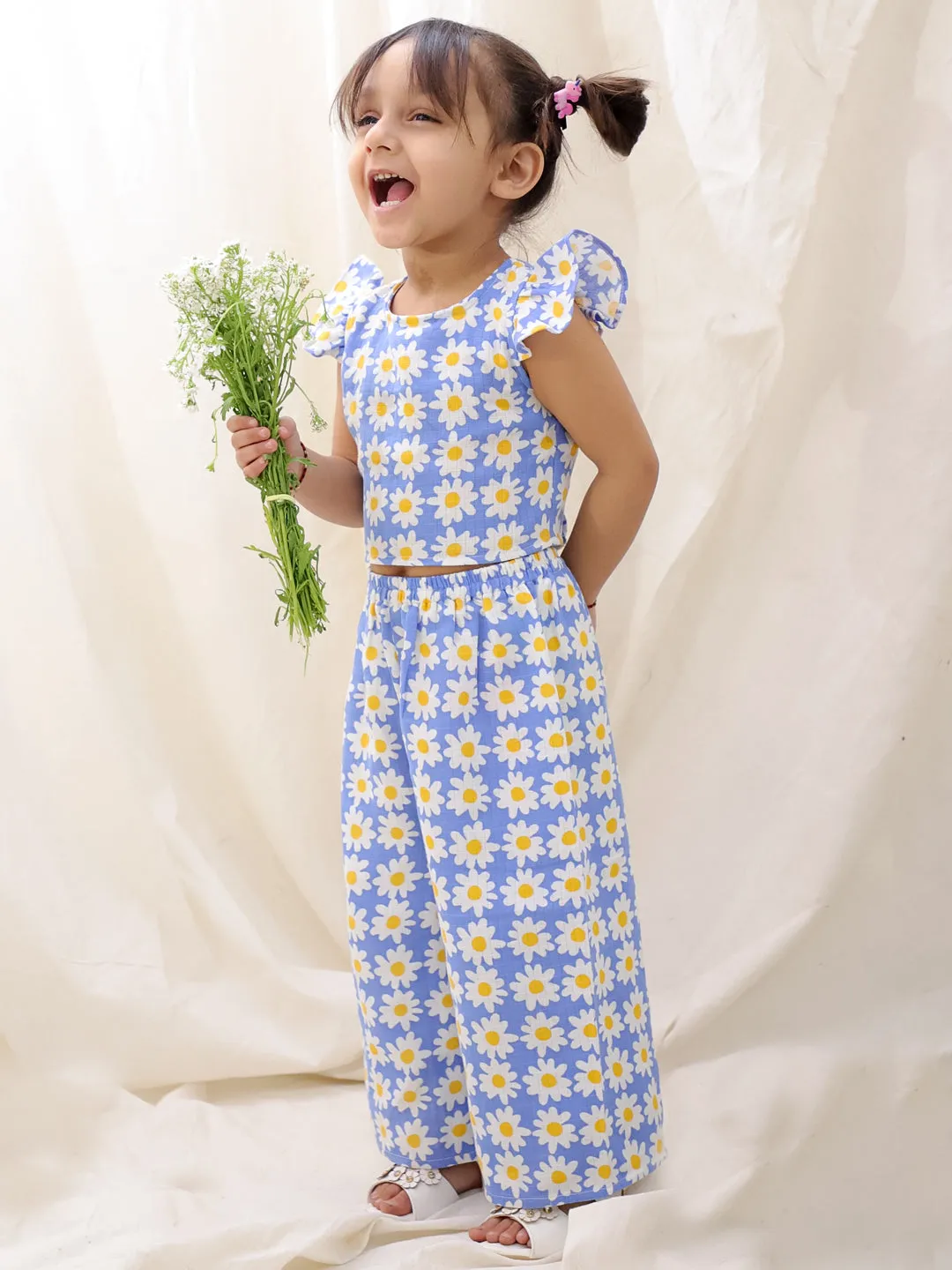 BownBee Summer Sleeveless Pure Cotton Printed Top & Culottes Set For Girls - Mustard
