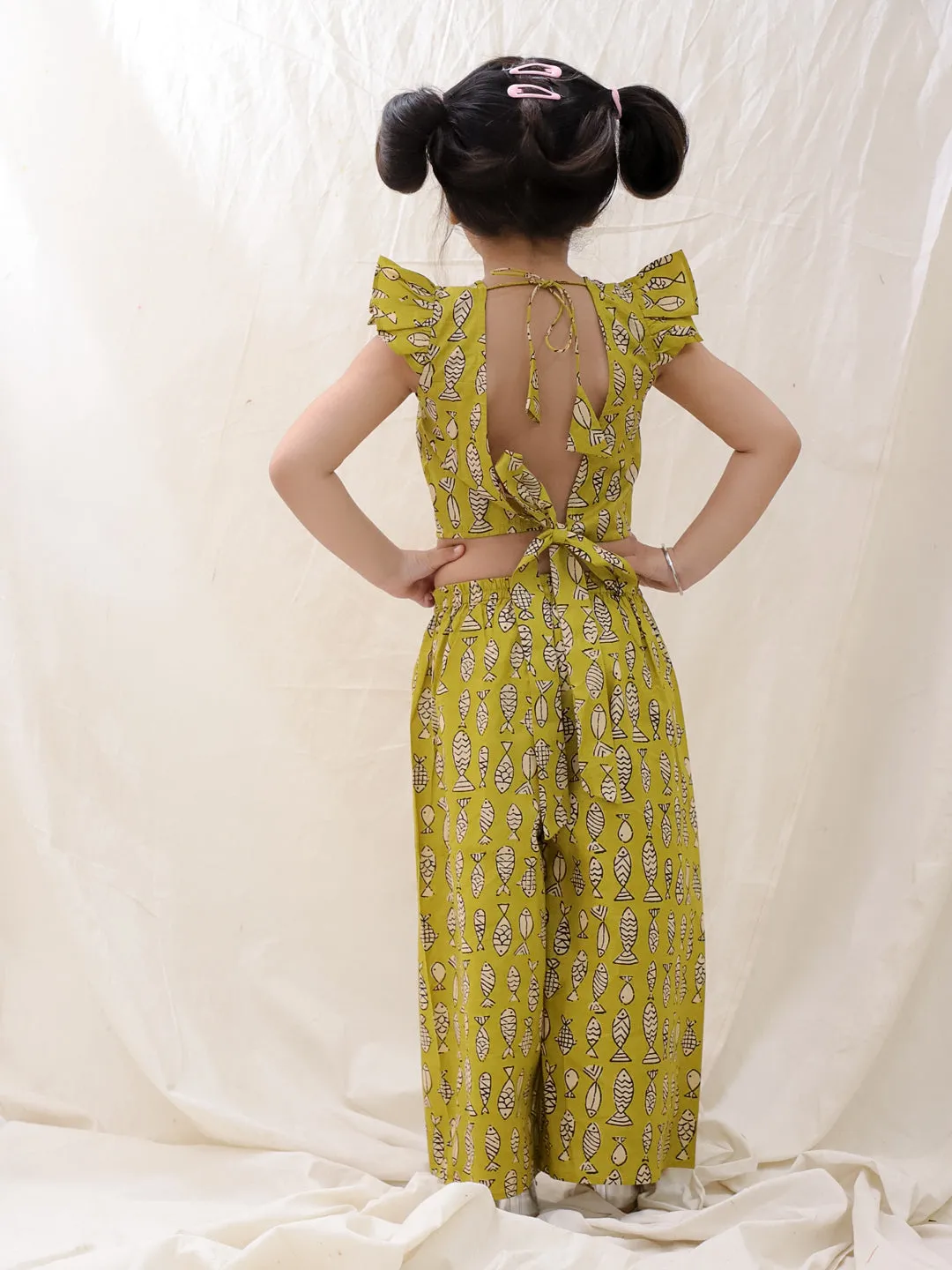 BownBee Summer Sleeveless Pure Cotton Printed Top & Culottes Set For Girls - Mustard