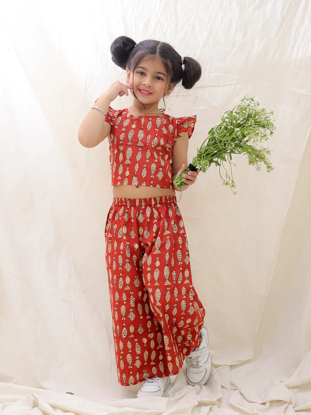 BownBee Summer Sleeveless Pure Cotton Printed Top & Culottes Set For Girls - Mustard