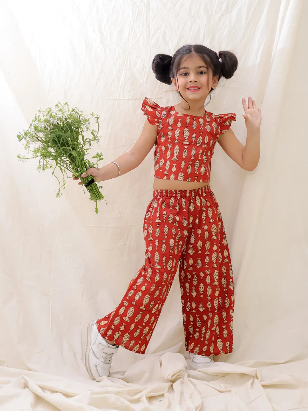 BownBee Summer Sleeveless Pure Cotton Printed Top & Culottes Set For Girls - Mustard