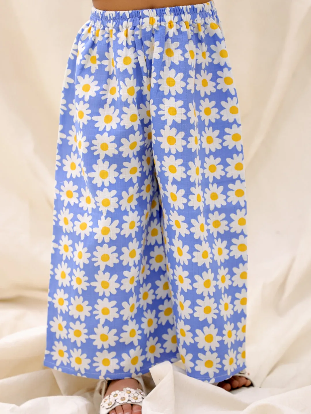 BownBee Summer Sleeveless Pure Cotton Printed Top & Culottes Set For Girls - Mustard