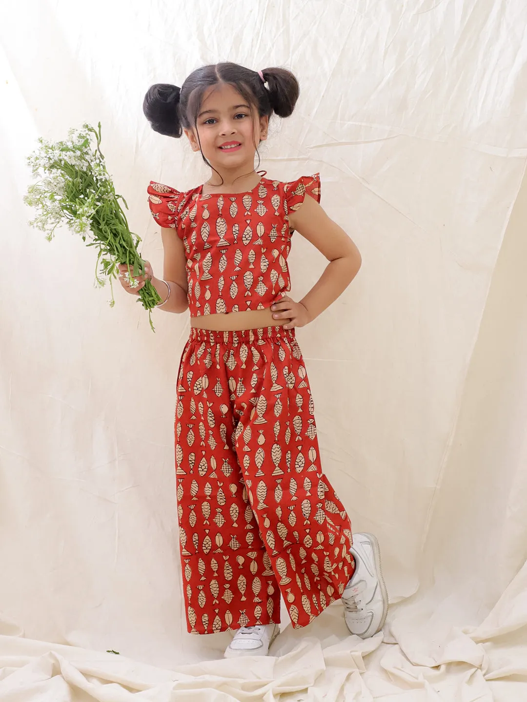 BownBee Summer Sleeveless Pure Cotton Printed Top & Culottes Set For Girls - Mustard