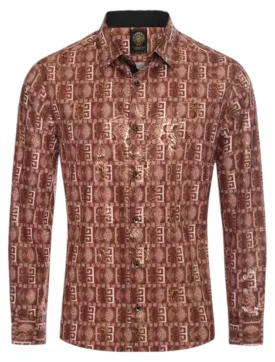 Burgundy-Gold Paisley Luxury Design Men's Long Sleeve Vintage Shirt Regular-Fit Style No: 2421