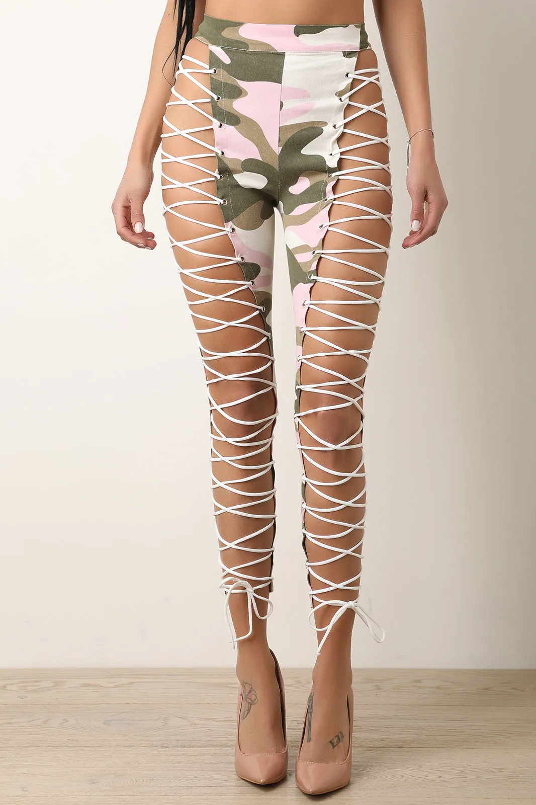 Camouflage High Rise Lace-Up Pants