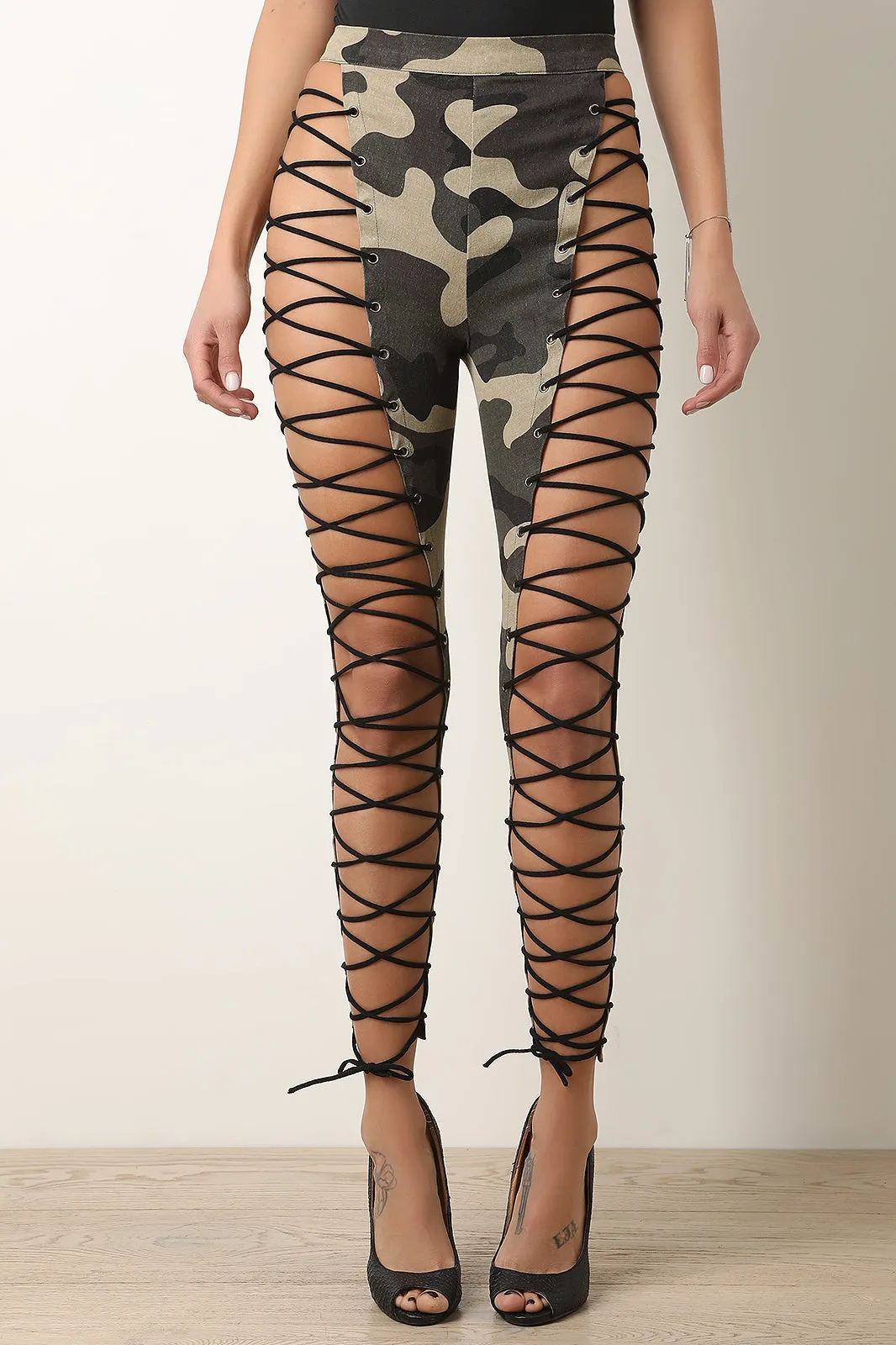 Camouflage High Rise Lace-Up Pants
