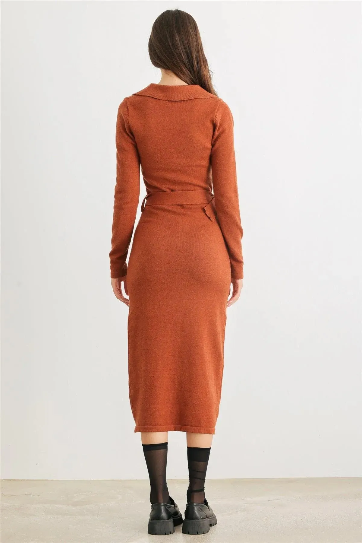 Caramel Knit Collared Neck Belted Midi Dress /3-3
