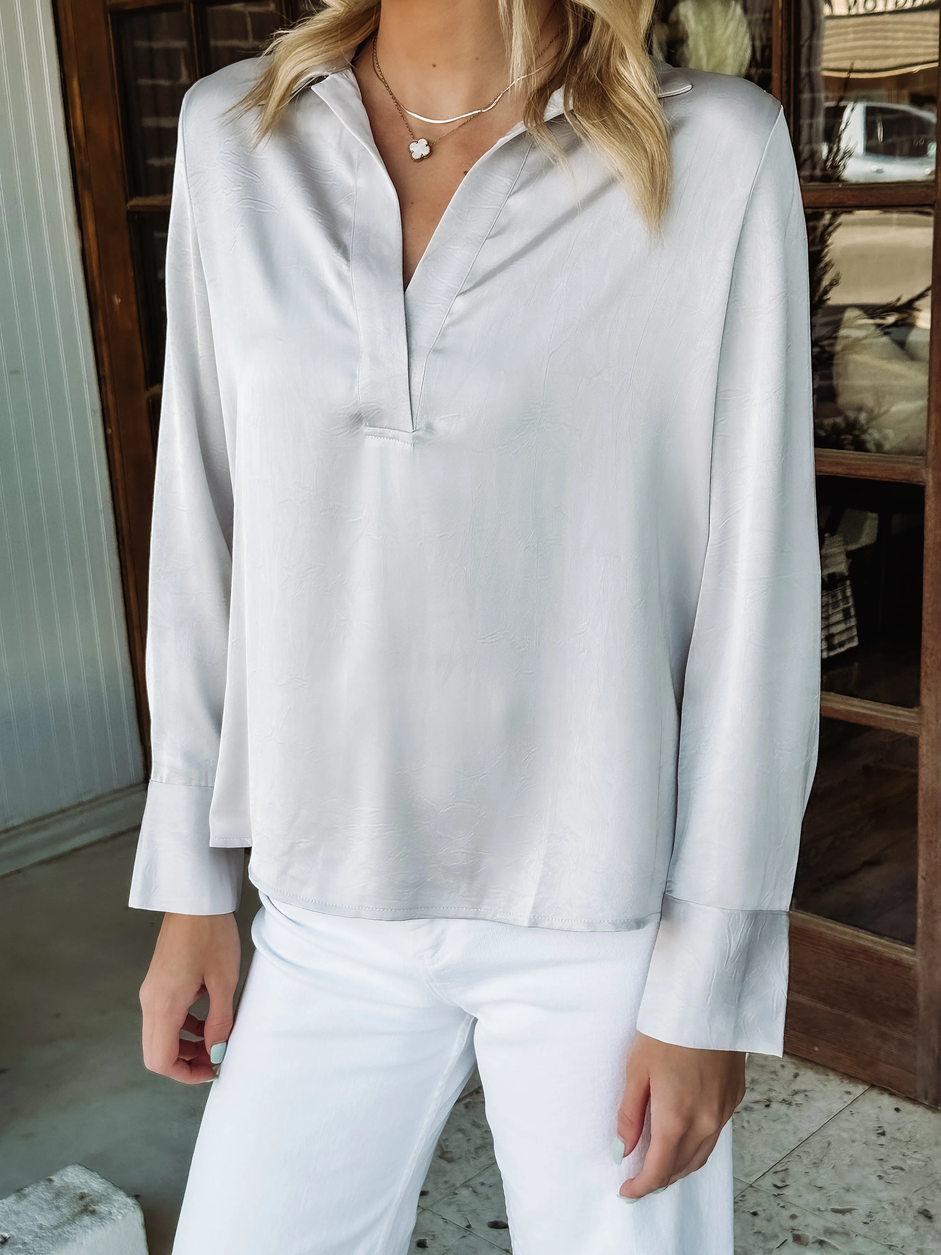 Crinkled Satin Long Sleeve Blouse