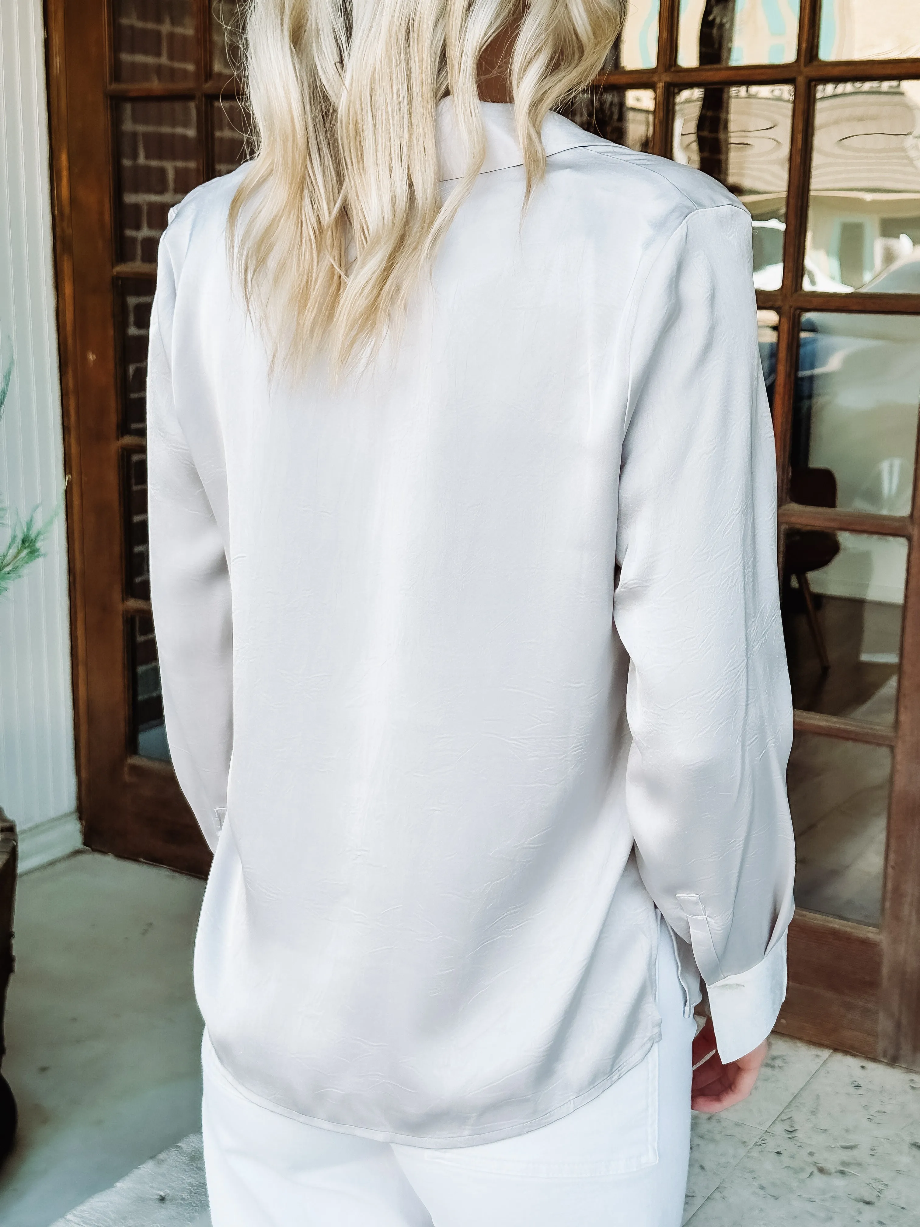 Crinkled Satin Long Sleeve Blouse