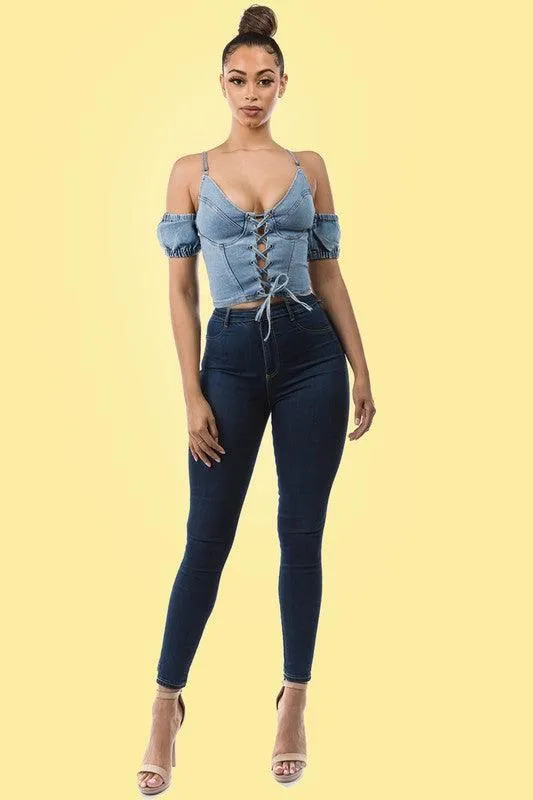 Denim criss cross top