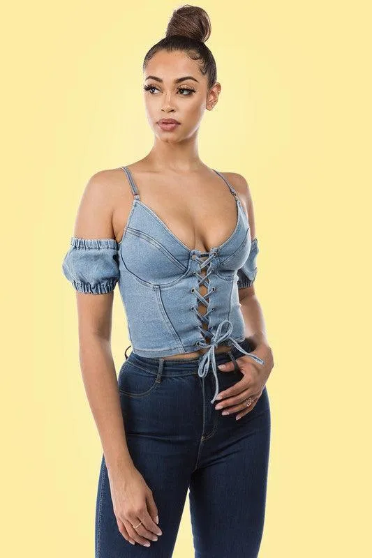 Denim criss cross top