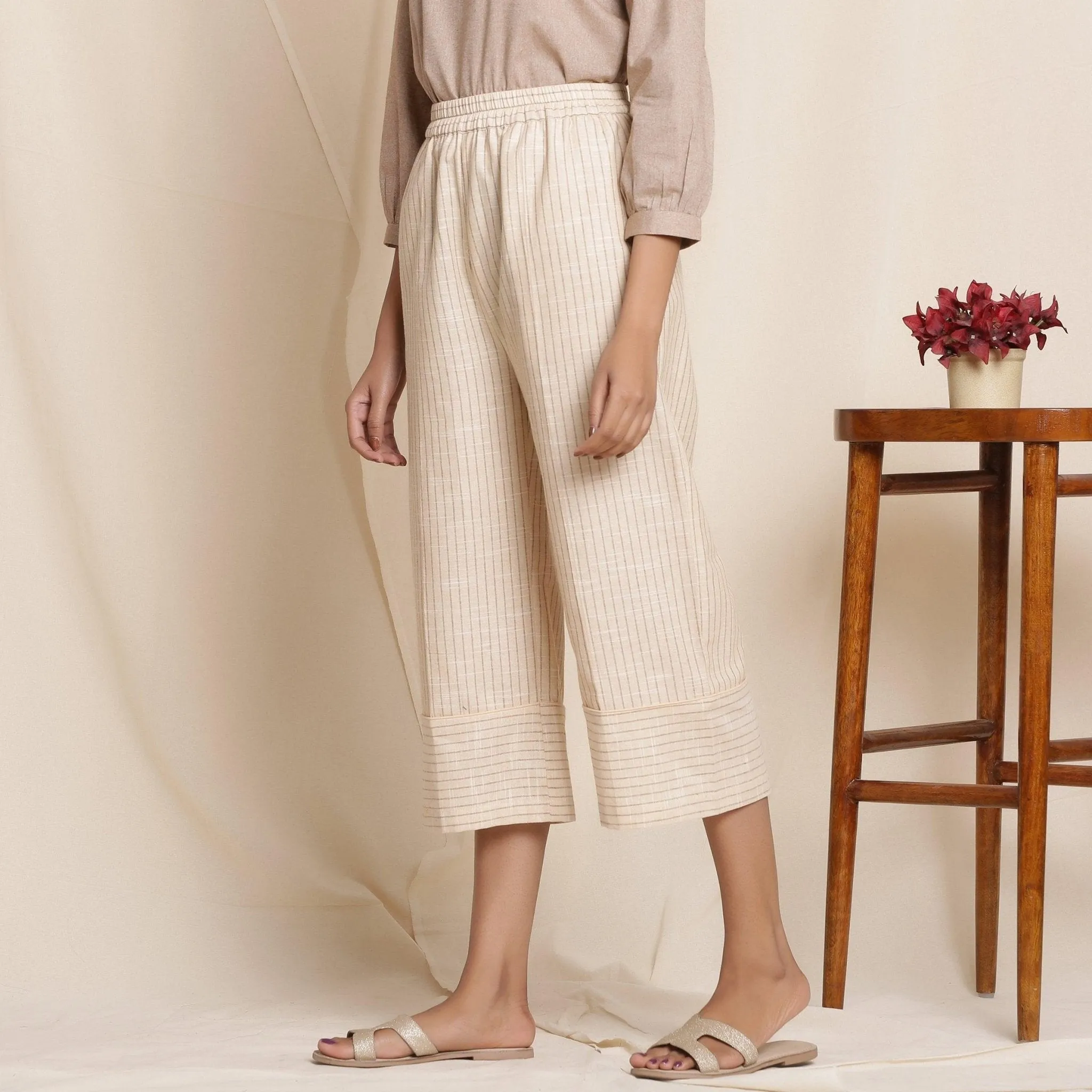 Dusk Beige Warm Cotton Culottes Striped Pant