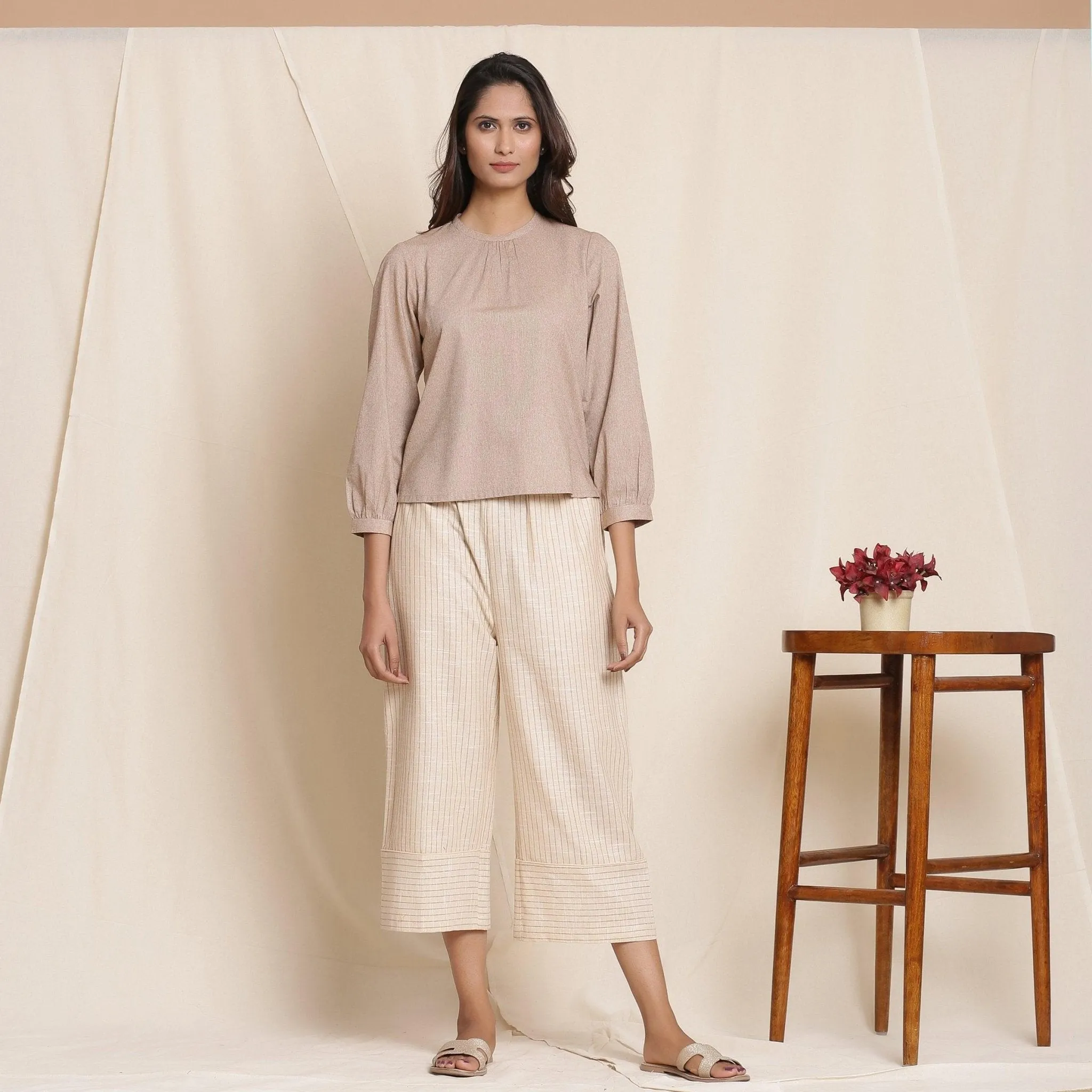 Dusk Beige Warm Cotton Culottes Striped Pant