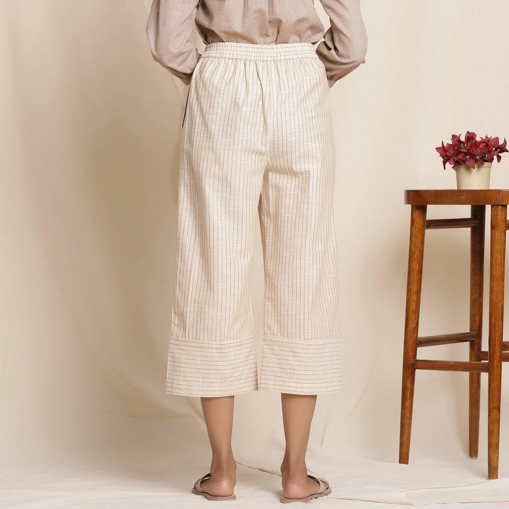 Dusk Beige Warm Cotton Culottes Striped Pant