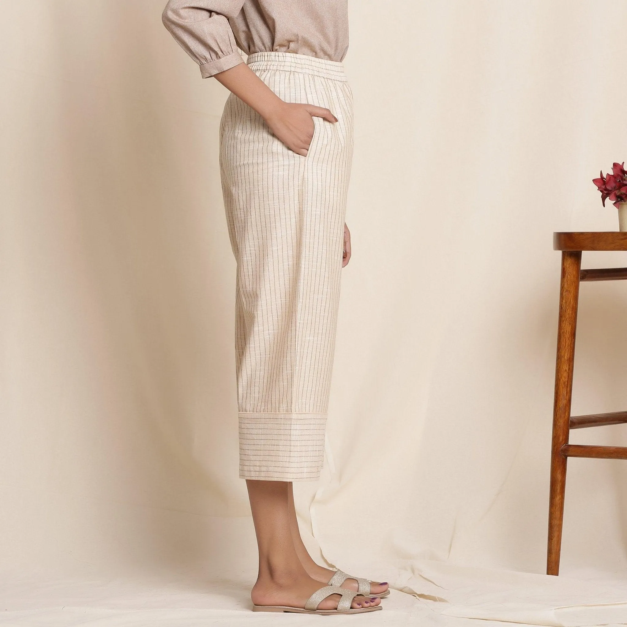 Dusk Beige Warm Cotton Culottes Striped Pant