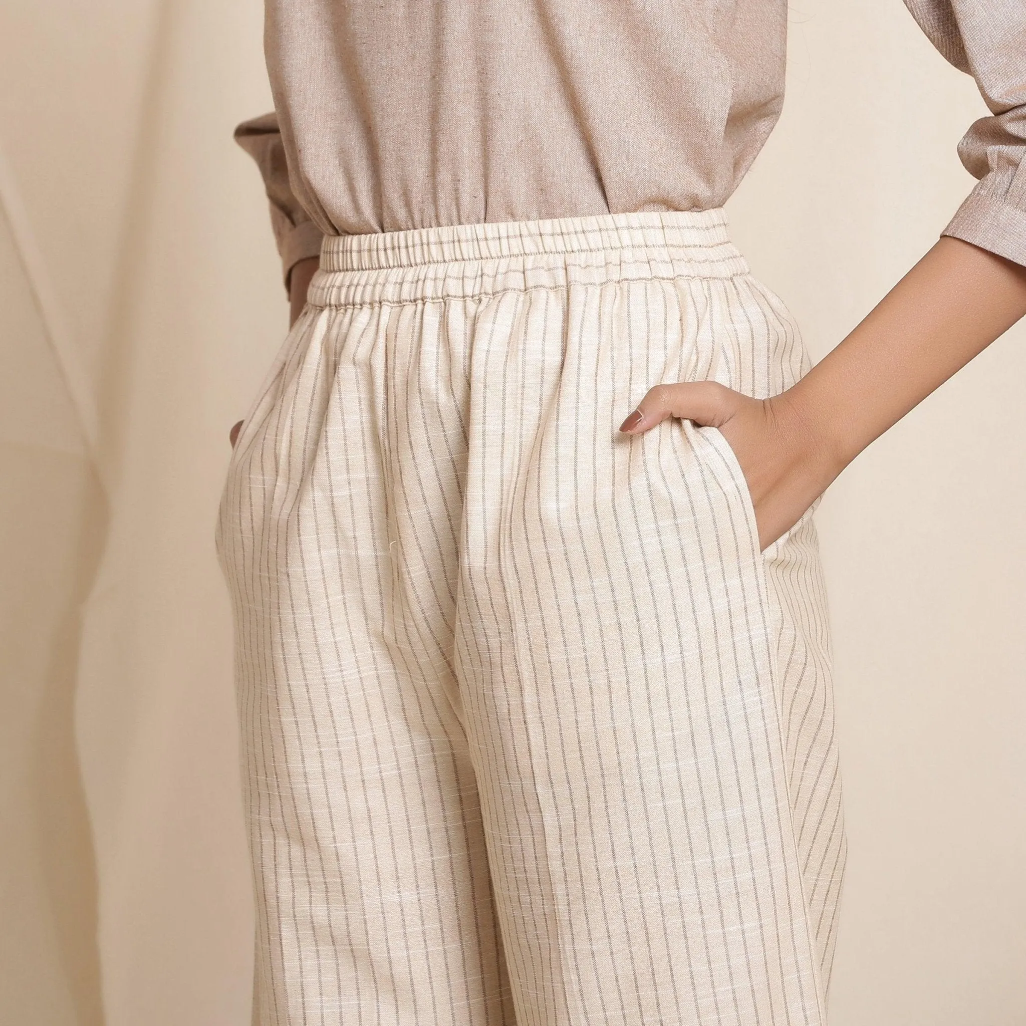 Dusk Beige Warm Cotton Culottes Striped Pant