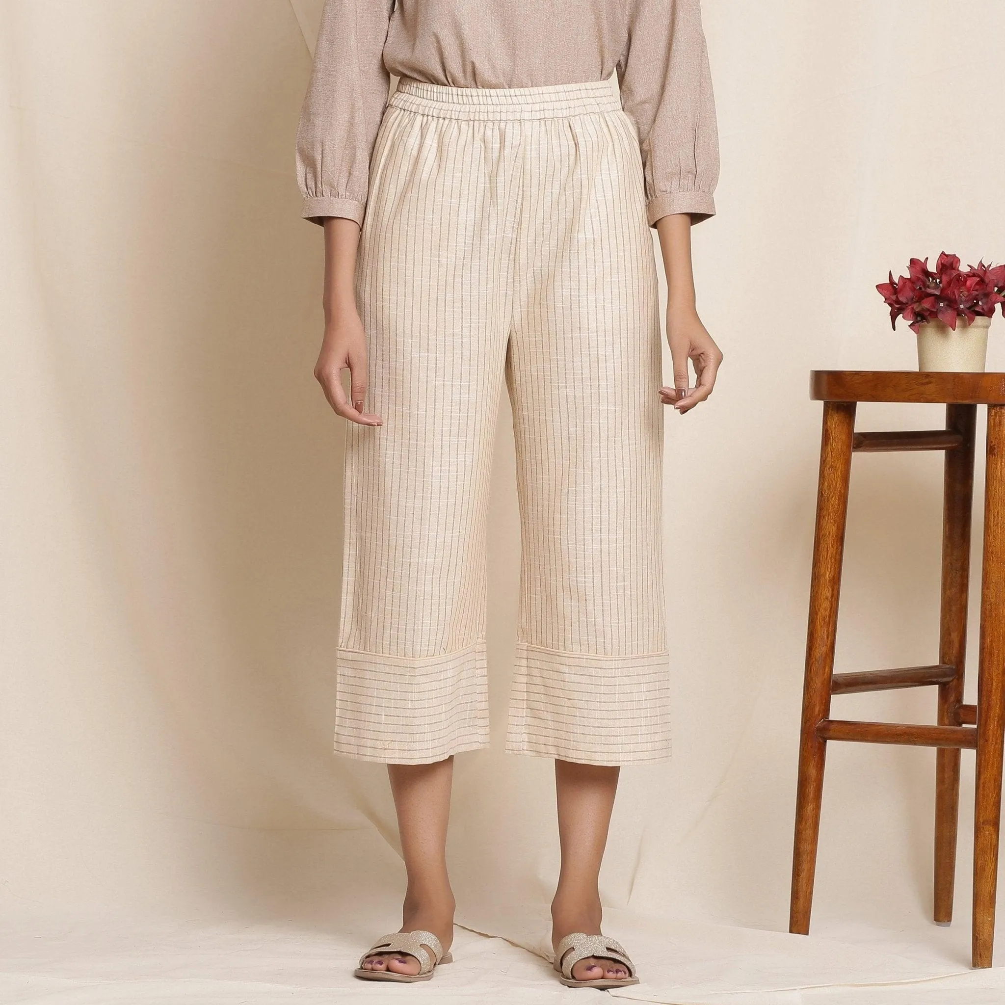 Dusk Beige Warm Cotton Culottes Striped Pant