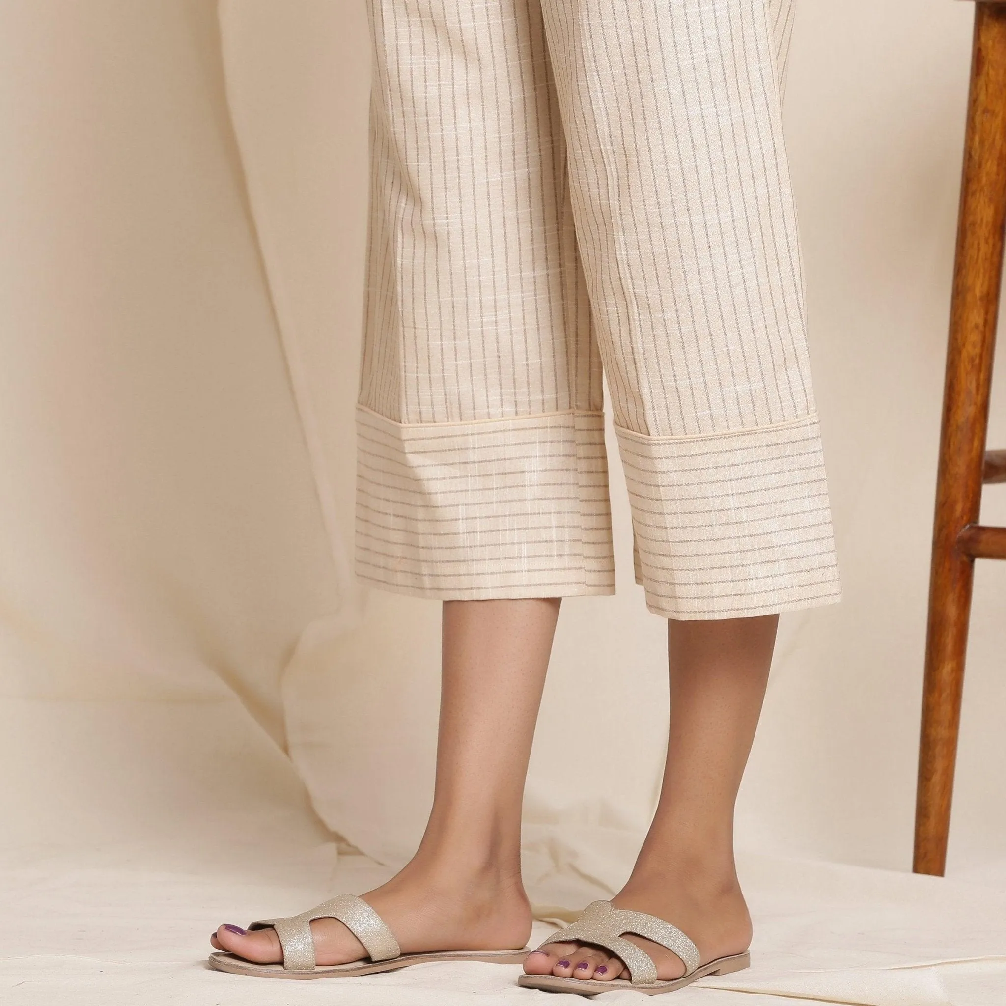 Dusk Beige Warm Cotton Culottes Striped Pant
