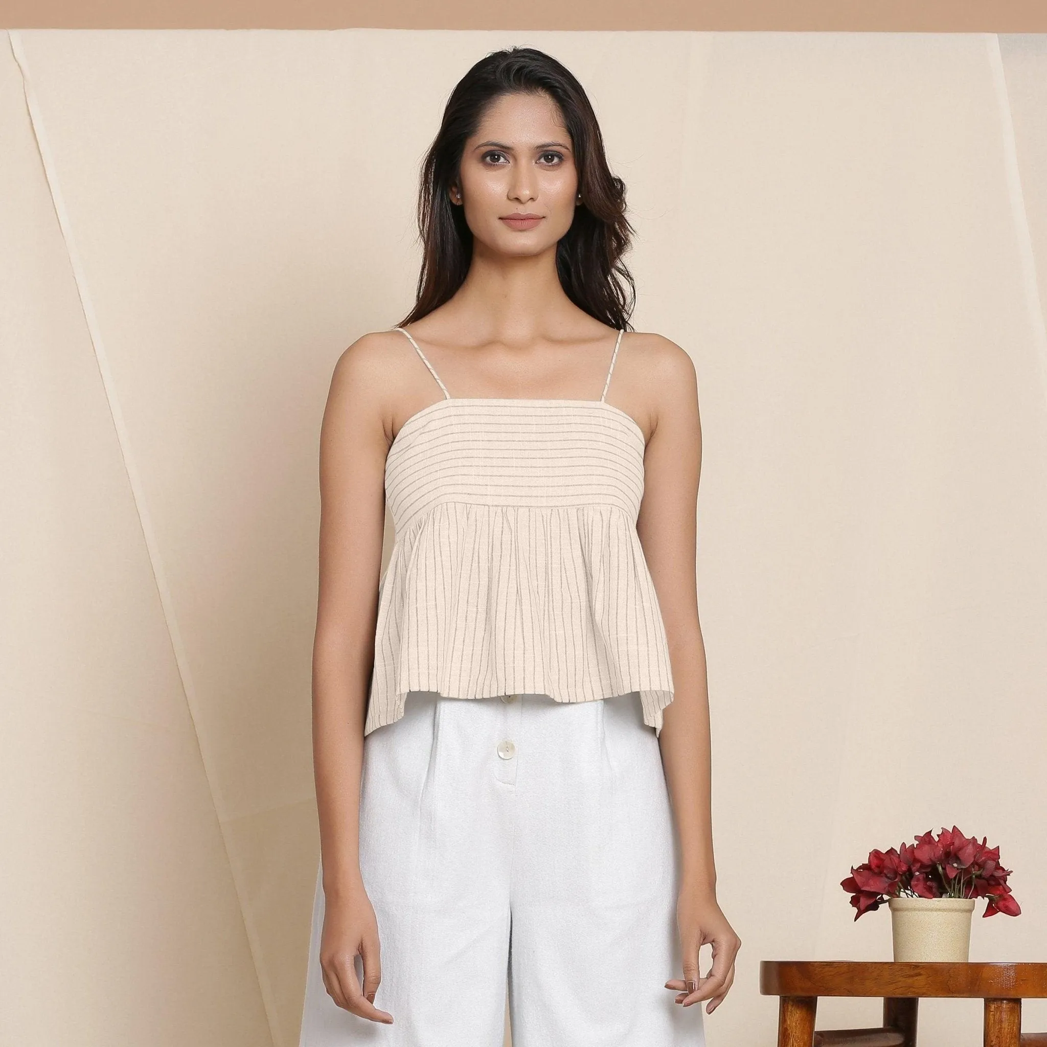 Dusk Beige Yarn Dyed Cotton Striped Yoked Top