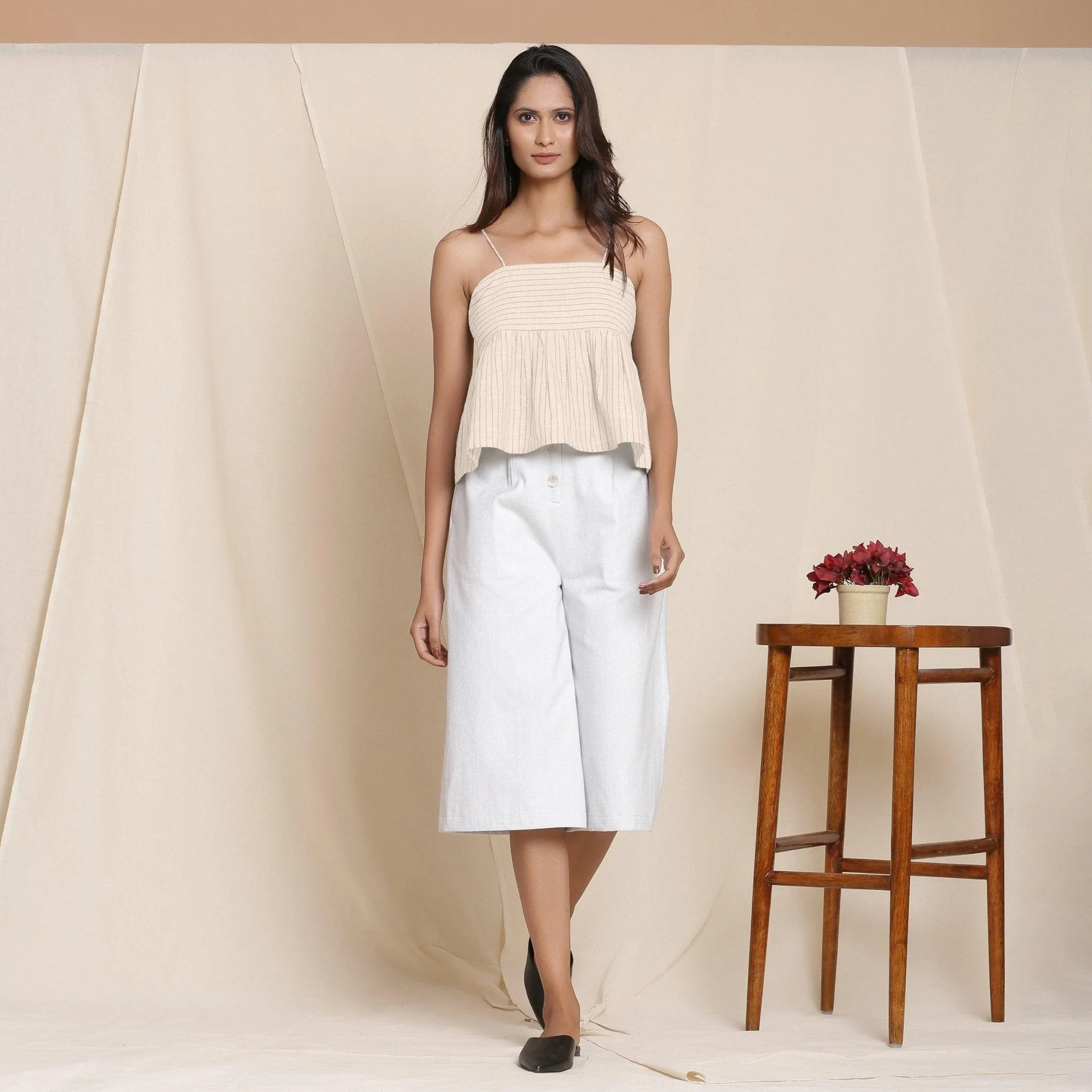 Dusk Beige Yarn Dyed Cotton Striped Yoked Top