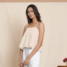 Dusk Beige Yarn Dyed Cotton Striped Yoked Top