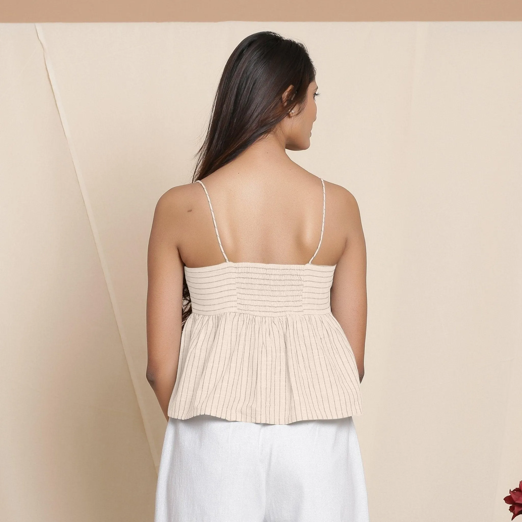 Dusk Beige Yarn Dyed Cotton Striped Yoked Top